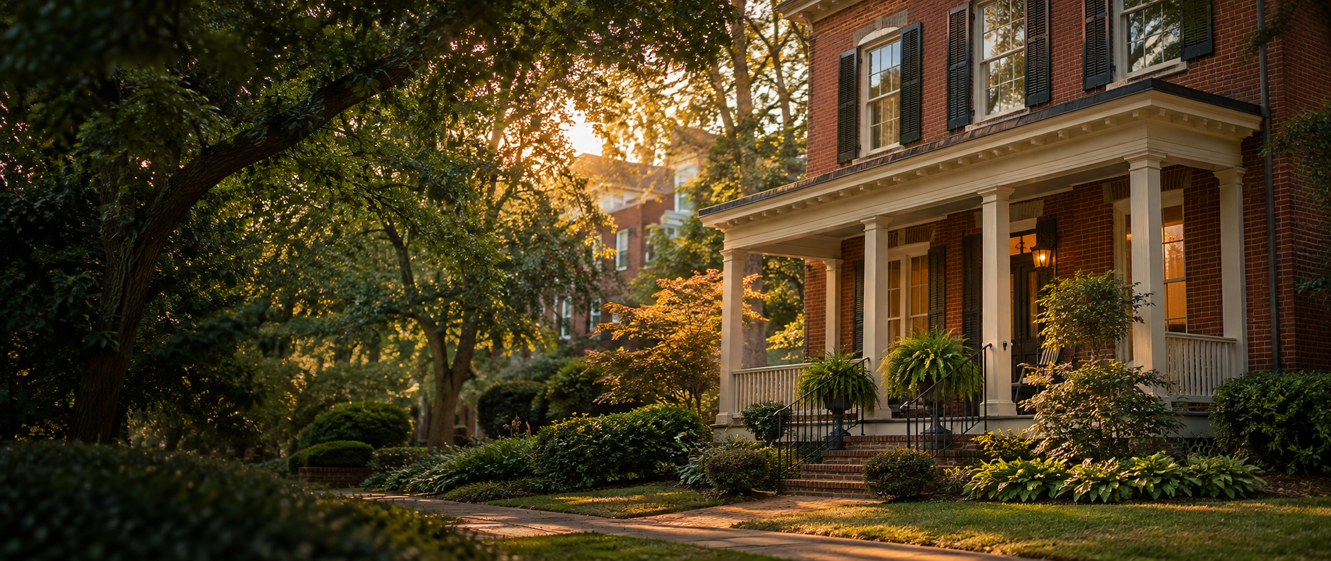A welcoming brick home on a tree-lined Richmond street at golden hour